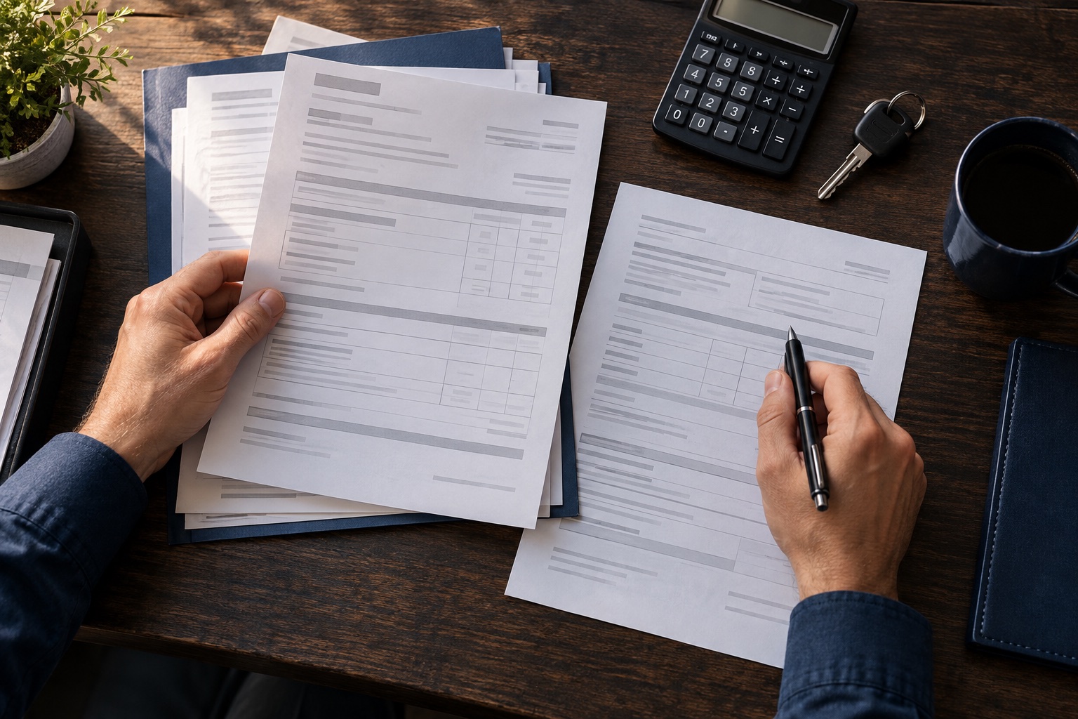 Hands organizing vehicle claim documents at a desk