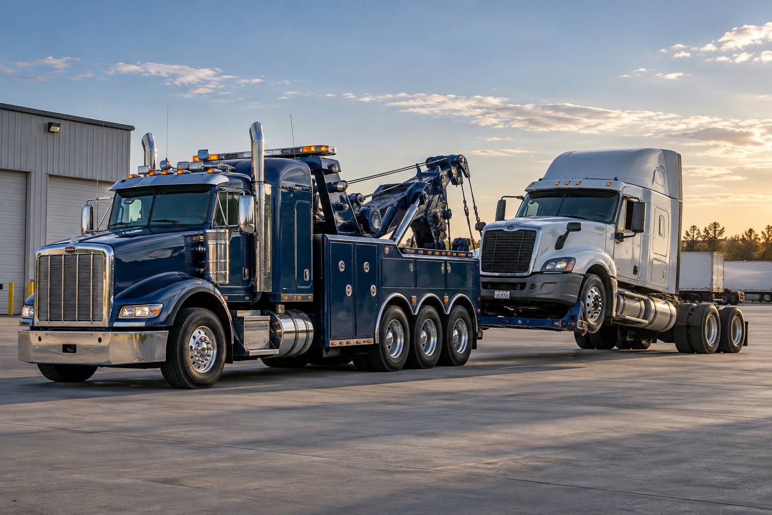 Heavy truck being towed in an industrial yard